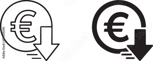 Cost reduction icon, euro decrease symbol, financial savings, expense cutting vector design.