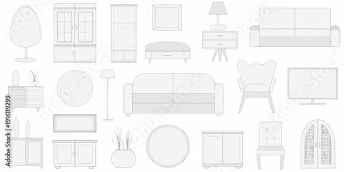 Simple outline collection of various living room and home furniture elements