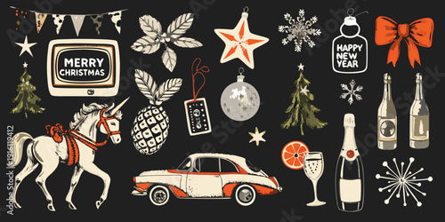 Festive christmas illustrations a vintage collection of holiday decorations and symbols