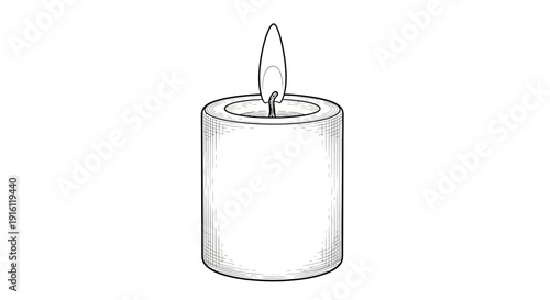 Burning Candle Flame, Simple Line Art Illustration, Isolated on White Background