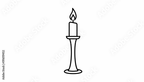 Burning Candle in Candlestick Holder, Simple Line Art Icon, Flame, Light, Warmth, Minimalist Design