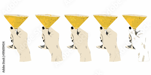 Five hands elegantly holding champagne flutes in a celebratory illustration