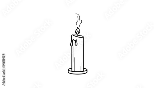 Burning Candle with Dripping Wax and Wispy Smoke - Simple Line Art Illustration