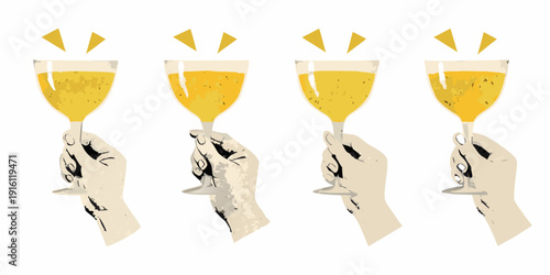 Four hands holding champagne glasses with golden fizz celebratory illustration