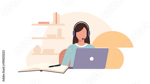 Customer support agent working remotely on laptop with headset