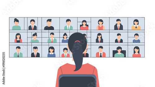 Virtual meeting on video conference call with diverse team in flat style