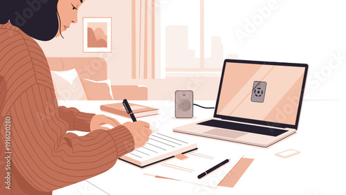 Woman working remotely at home office desk with laptop and notes in minimalist style