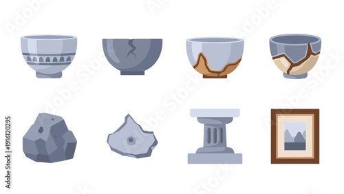 Kintsugi and ancient artifacts: restored bowls with minerals and frames