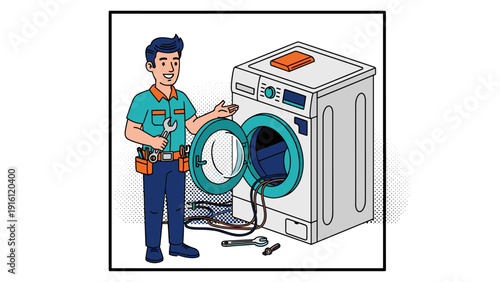 Repair technician explaining washing machine maintenance in a detailed flat design
