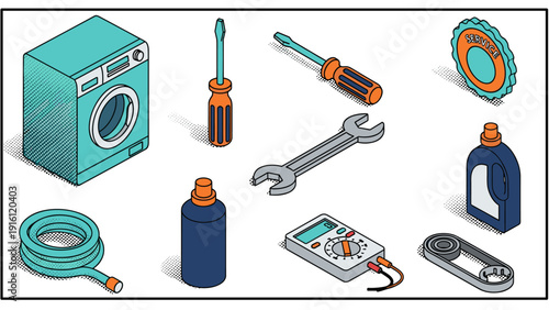 Isometric household maintenance tools with retro design elements