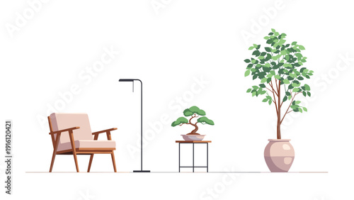 Modern interior with armchair, floor lamp, bonsai, and potted plant on white background