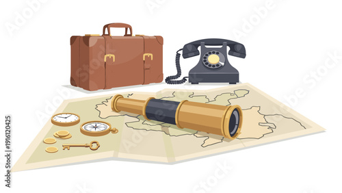Vintage travel essentials with map, telescope, and rotary phone