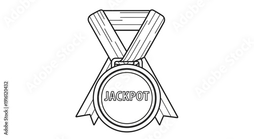 Black and White Outline of a Jackpot Medal with Ribbon