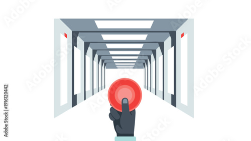 Futuristic corridor with hand reaching for red button