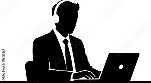 Businessman wearing headphones working on laptop silhouette professional remote work online communication concept isolated vector illustration