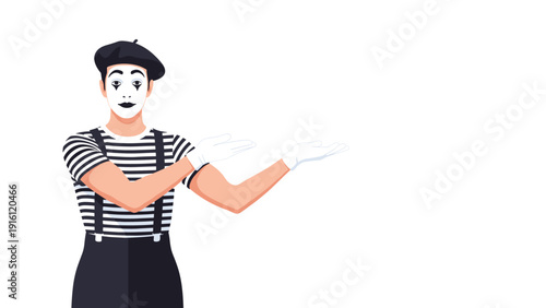 Mime artist in classic outfit gesturing on white background