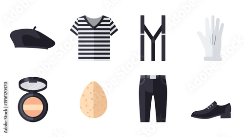 French style fashion elements flat design: beret, stripes, suspenders, and more
