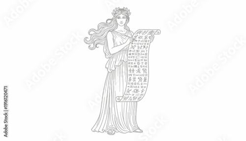 Ancient Woman with Scroll of Hieroglyphs, Goddess of Wisdom, History, Knowledge