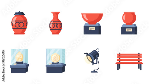Flat museum artifacts: vintage vases, exhibits, and bench scene