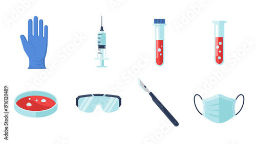 Medical equipment icons: syringe, test tube, mask, gloves, scalpel, safety goggles, petri dish