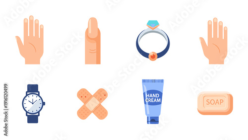 Flat icons of hands, jewelry, watch, bandages, and grooming products