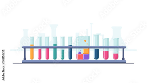 Colorful laboratory glassware with test tubes and beaker on white background