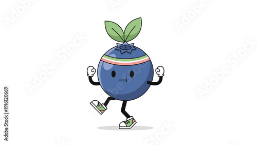 Energetic blueberry mascot with sneakers and headband in playful cartoon style