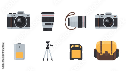 Flat digital camera equipment set: cameras, lenses, tripod, bag, battery, memory card