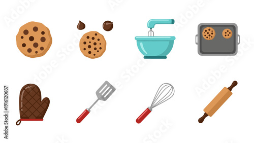 Baking essentials: cookies and kitchen utensils in colorful flat design