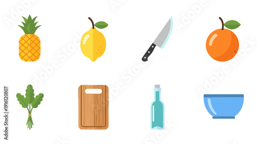 Colorful kitchen essentials: fruits, utensils, and more in modern flat design