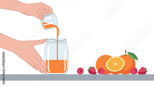 Refreshing fruit juice with oranges and berries on a white background