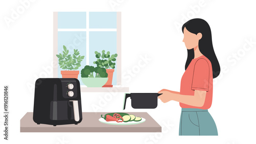 Flat design woman cooking with air fryer in modern kitchen with indoor plants