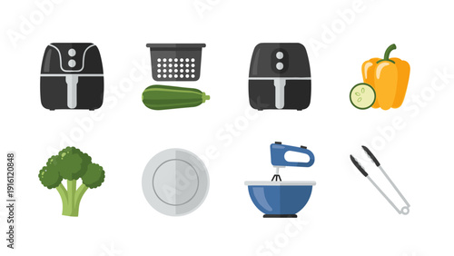 Kitchen essentials with appliances and fresh vegetables in flat style