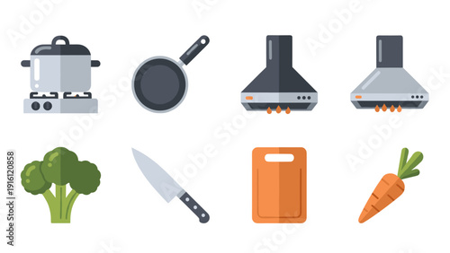 Modern flat style kitchen utensils and appliances collection