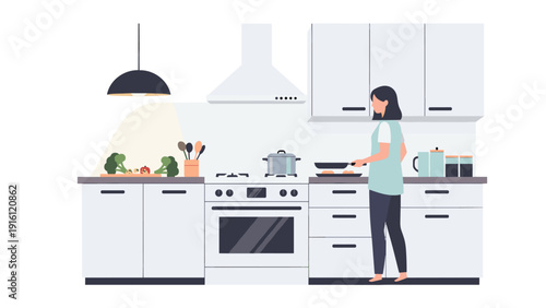 Modern flat kitchen scene with woman cooking in stylish interior