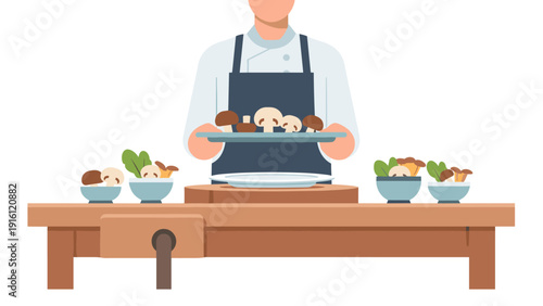 Chef preparing gourmet mushrooms in modern kitchen setting