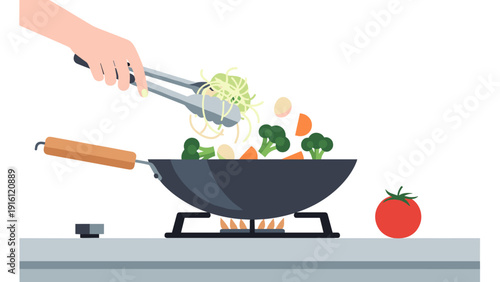 Colorful flat design of stir-frying vegetables with tongs over a gas stove