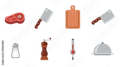 Kitchen tools set: meat, cleaver, cutting board, salt shaker, pepper mill, thermometer, cloche