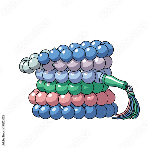A stack of colorful prayer beads, also known as rosary beads, used for meditation and devotion, creating a serene and spiritual atmosphere