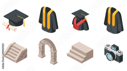 Isometric graduation caps, gowns, and architectural elements collection