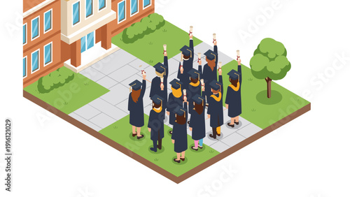 Celebrating graduation outdoors in isometric style with group of students in caps and gowns
