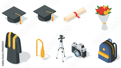 Graduation essentials isometric icons: caps, gown, diploma, and more