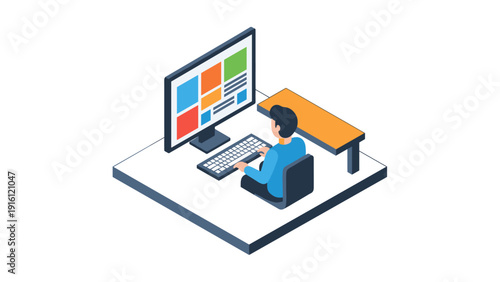 Isometric office scene: person at desk using computer with modern workspace