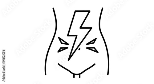 Abdominal pain icon, stomach ache symbol, lightning bolt pain illustration