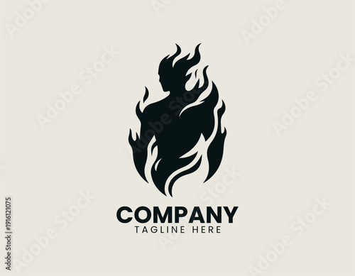 stylized shadow man formed by flowing flame shapes black vector logo illustration