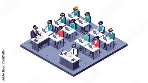 Isometric classroom with students using vr headsets for interactive learning