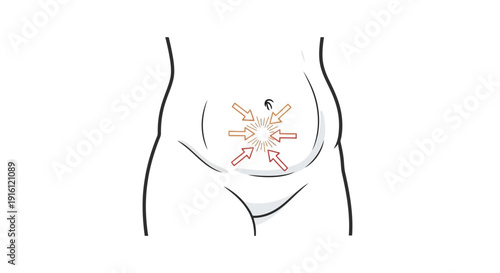 Abdominal pain illustration: arrows pointing to the navel, representing discomfort or internal issues.