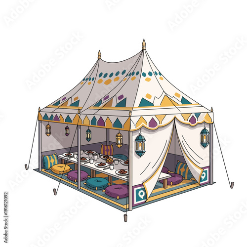 A traditional Bedouin tent set up for a festive feast with plush cushions and ornate lanterns, showcasing a cultural dining experience