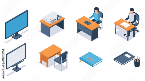 Isometric office elements: figures working at desks with equipment and accessories for modern workspaces