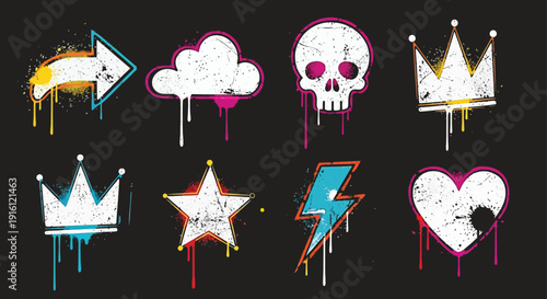 Colorful Graffiti Icon Set on Dark Brick Wall Background